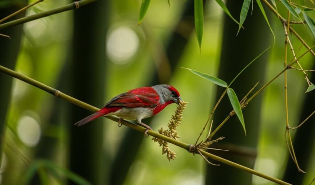 Shelley’s Crimson-wing finch feeding in bamboo thicket, Albertine Rift Uganda