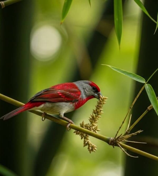 Shelley’s Crimson-wing finch feeding in bamboo thicket, Albertine Rift Uganda