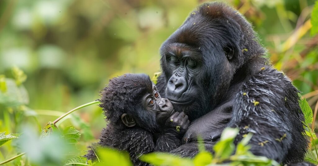 Mother mountain gorilla holding her baby, a rare encounter on Uganda safaris