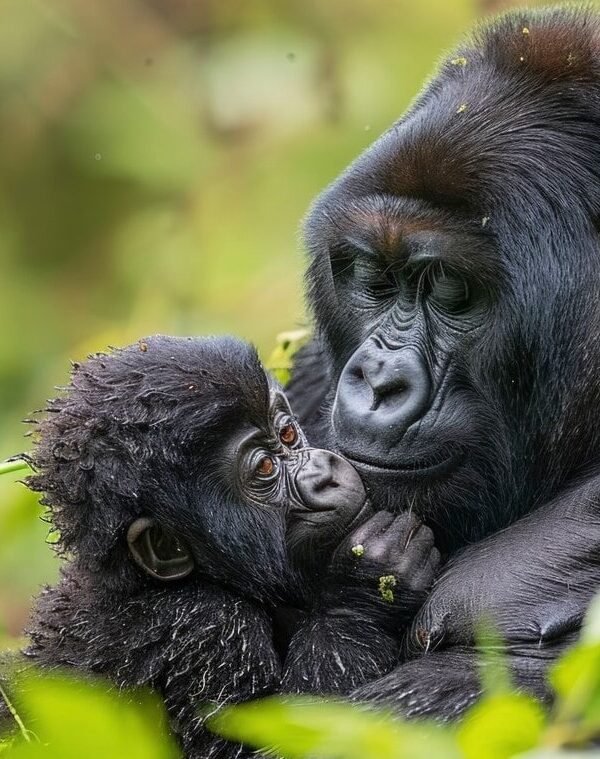 Mother mountain gorilla holding her baby, a rare encounter on Uganda safaris