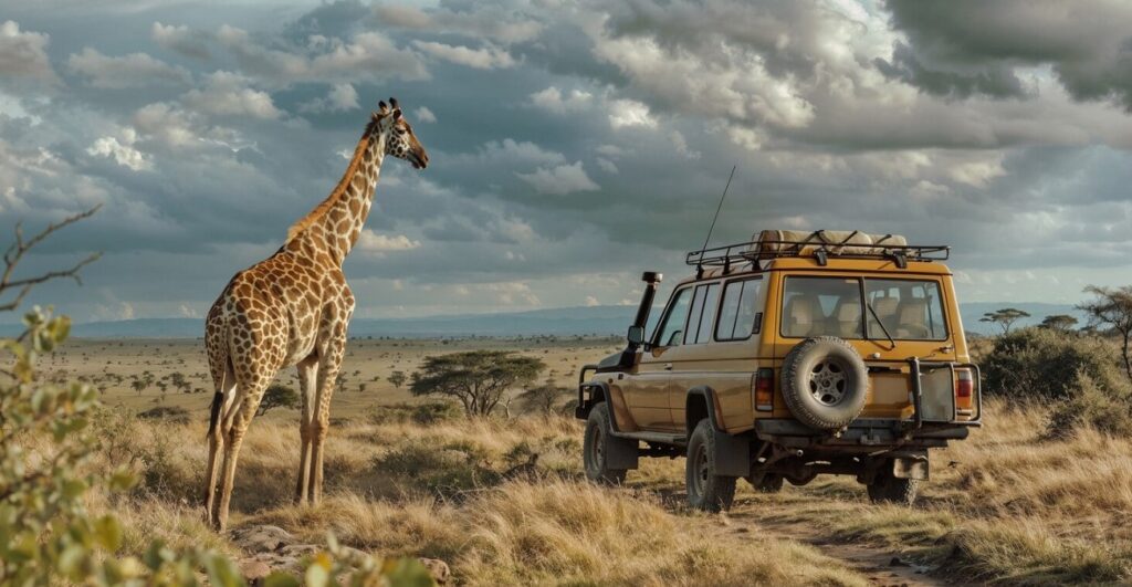 Giraffe standing tall on open savannah in Murchison Falls National Park, Uganda safari backdrop