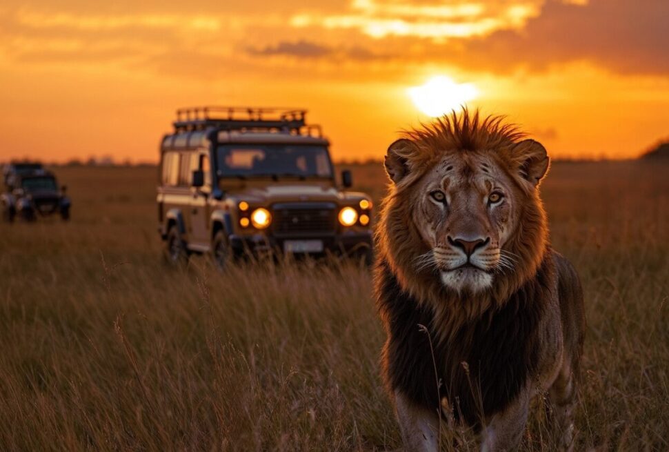 Lion standing in tall grass with a safari vehicle in the background, typical Uganda safari scene