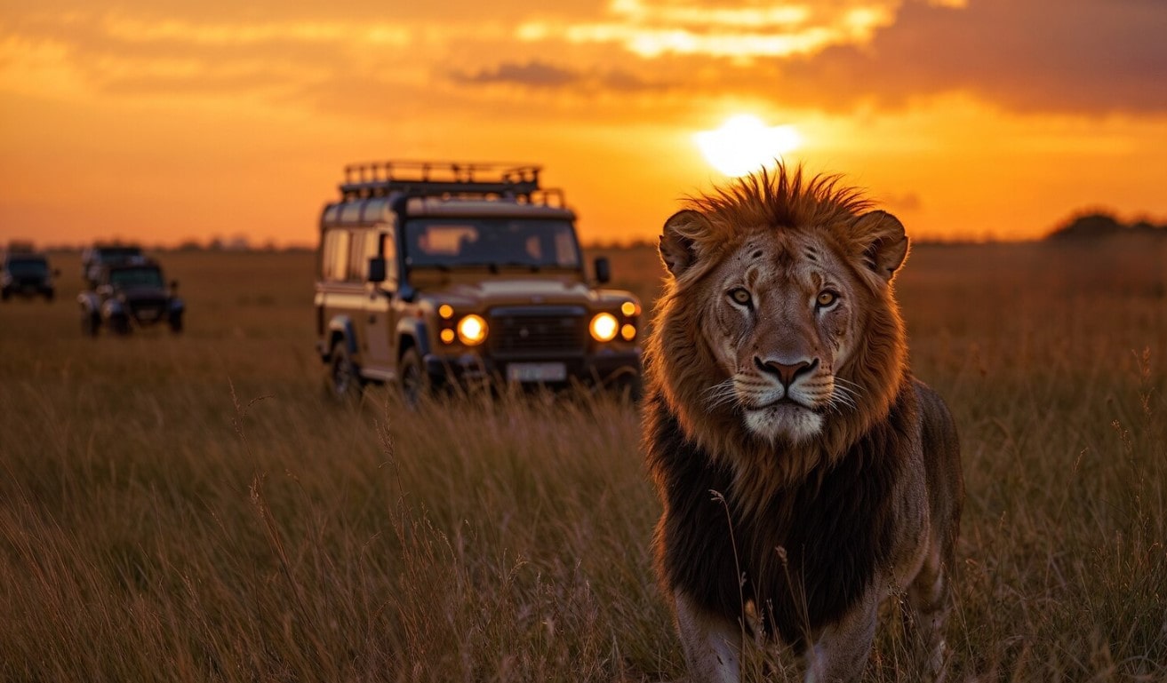 Lion standing in tall grass with a safari vehicle in the background, typical Uganda safari scene