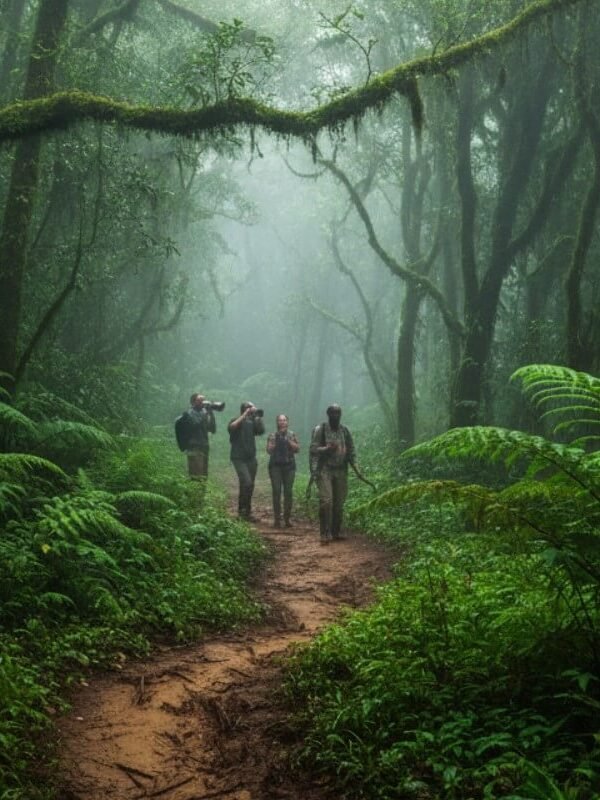 A wide shot capturing the dense, misty atmosphere of the Bwindi Impenetrable Forest. The winding, muddy trail through the thick jungle emphasizes the challenging but rewarding nature of the trek.