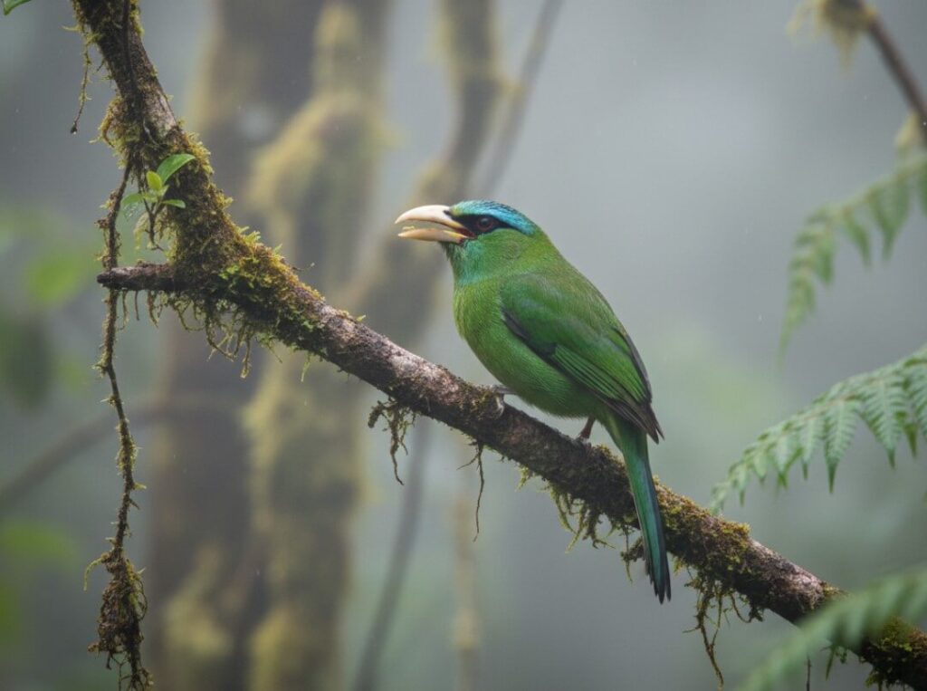 A vibrant illustration of a Grauer's Broadbill perched on a branch, its distinctive green plumage contrasting with the dense, misty background of Bwindi's montane forest.