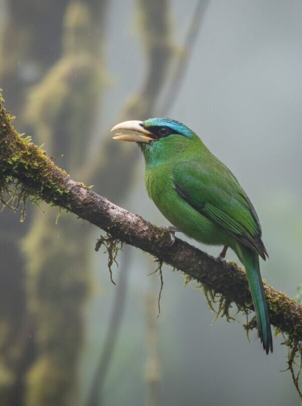 A vibrant illustration of a Grauer's Broadbill perched on a branch, its distinctive green plumage contrasting with the dense, misty background of Bwindi's montane forest.