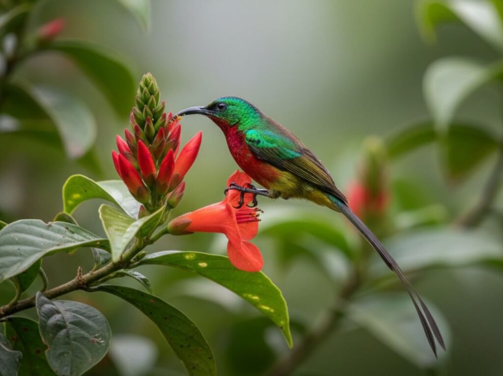 A striking close-up of a Regal Sunbird, its iridescent plumage shimmering with green, yellow, and red hues, as it sips nectar from a vibrant forest flower. The intricate details of its feathers are clearly visible.