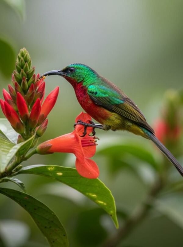 A striking close-up of a Regal Sunbird, its iridescent plumage shimmering with green, yellow, and red hues, as it sips nectar from a vibrant forest flower. The intricate details of its feathers are clearly visible.