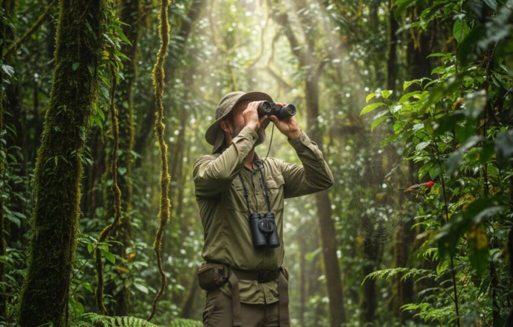 A birder, dressed in practical hiking gear, uses binoculars to observe a rare bird deep within the Bwindi Impenetrable Forest. The dense foliage and filtered sunlight create a sense of immersion in nature.