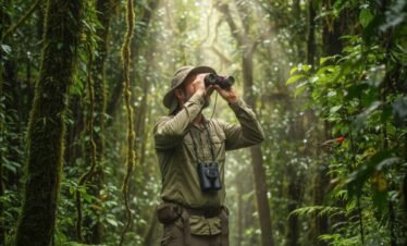 A birder, dressed in practical hiking gear, uses binoculars to observe a rare bird deep within the Bwindi Impenetrable Forest. The dense foliage and filtered sunlight create a sense of immersion in nature.