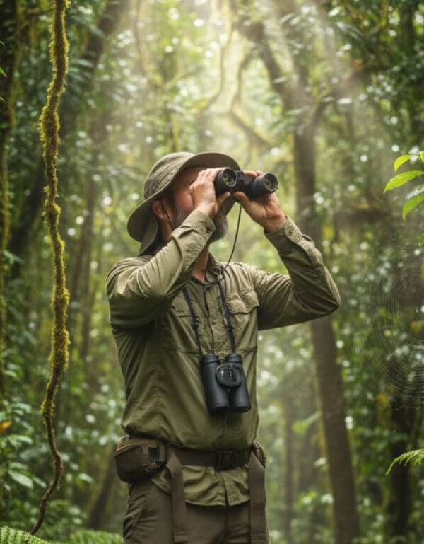 A birder, dressed in practical hiking gear, uses binoculars to observe a rare bird deep within the Bwindi Impenetrable Forest. The dense foliage and filtered sunlight create a sense of immersion in nature.