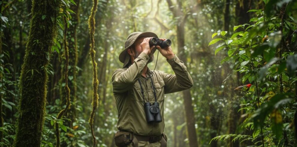 A birder, dressed in practical hiking gear, uses binoculars to observe a rare bird deep within the Bwindi Impenetrable Forest. The dense foliage and filtered sunlight create a sense of immersion in nature.