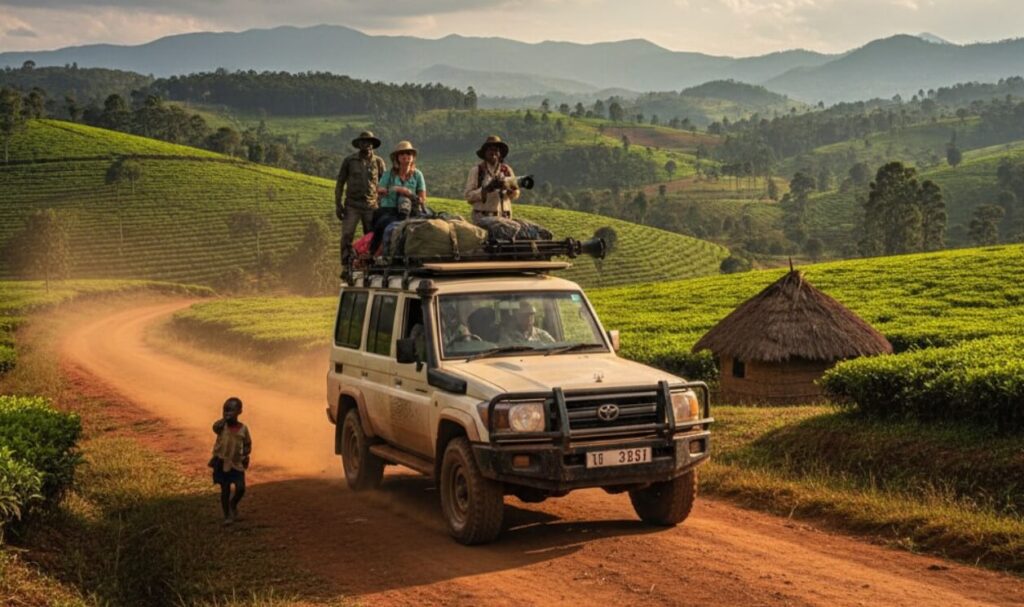 A powerful 4x4 safari vehicle navigates a dusty, unpaved "marram" road in rural Uganda, with lush green landscapes and distant hills under a vast sky, illustrating the journey to Bwindi.