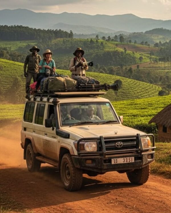 A powerful 4x4 safari vehicle navigates a dusty, unpaved "marram" road in rural Uganda, with lush green landscapes and distant hills under a vast sky, illustrating the journey to Bwindi.