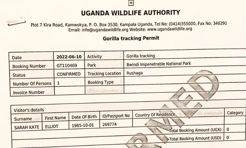 Official Uganda Wildlife Authority gorilla trekking permit issued through Dust & Echo for Bwindi Impenetrable National Park.