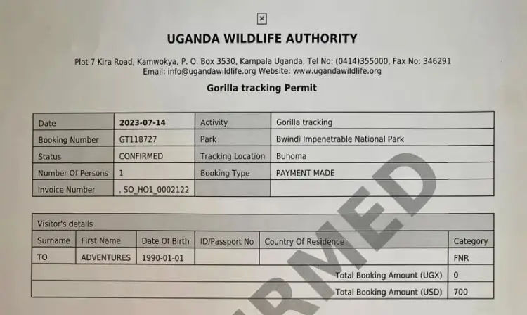 Authentic gorilla trekking permit for Mgahinga Gorilla National Park booked by Dust & Echo, showing official UWA validation.