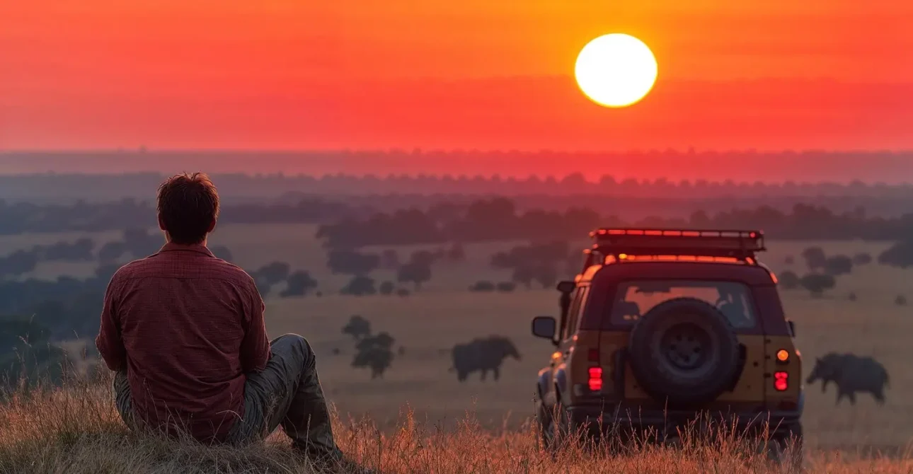 A man sitting in the grass next to a safari vehicle watching a dramatic red sunset over a savanna with elephants in the distance.